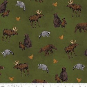 Pine Grove Animal Toss Green Fabric by Riley Blake Designs, Wildlife, Moose, Racoons and Bears