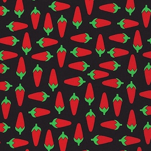 May include: A seamless pattern of red chili peppers with green stems on a black background.