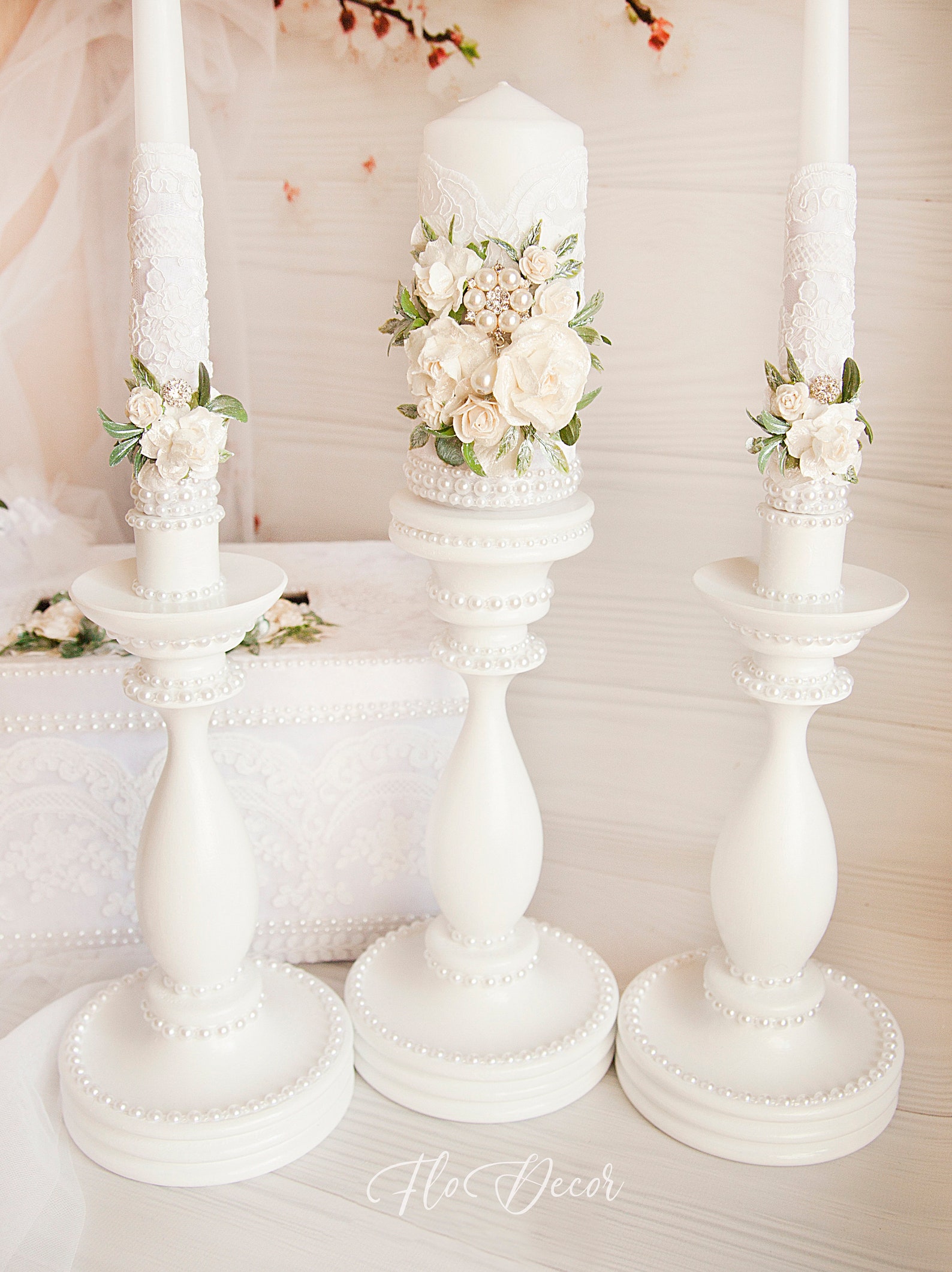Wedding White Unity Candles Set and Holders Lace Wedding Etsy
