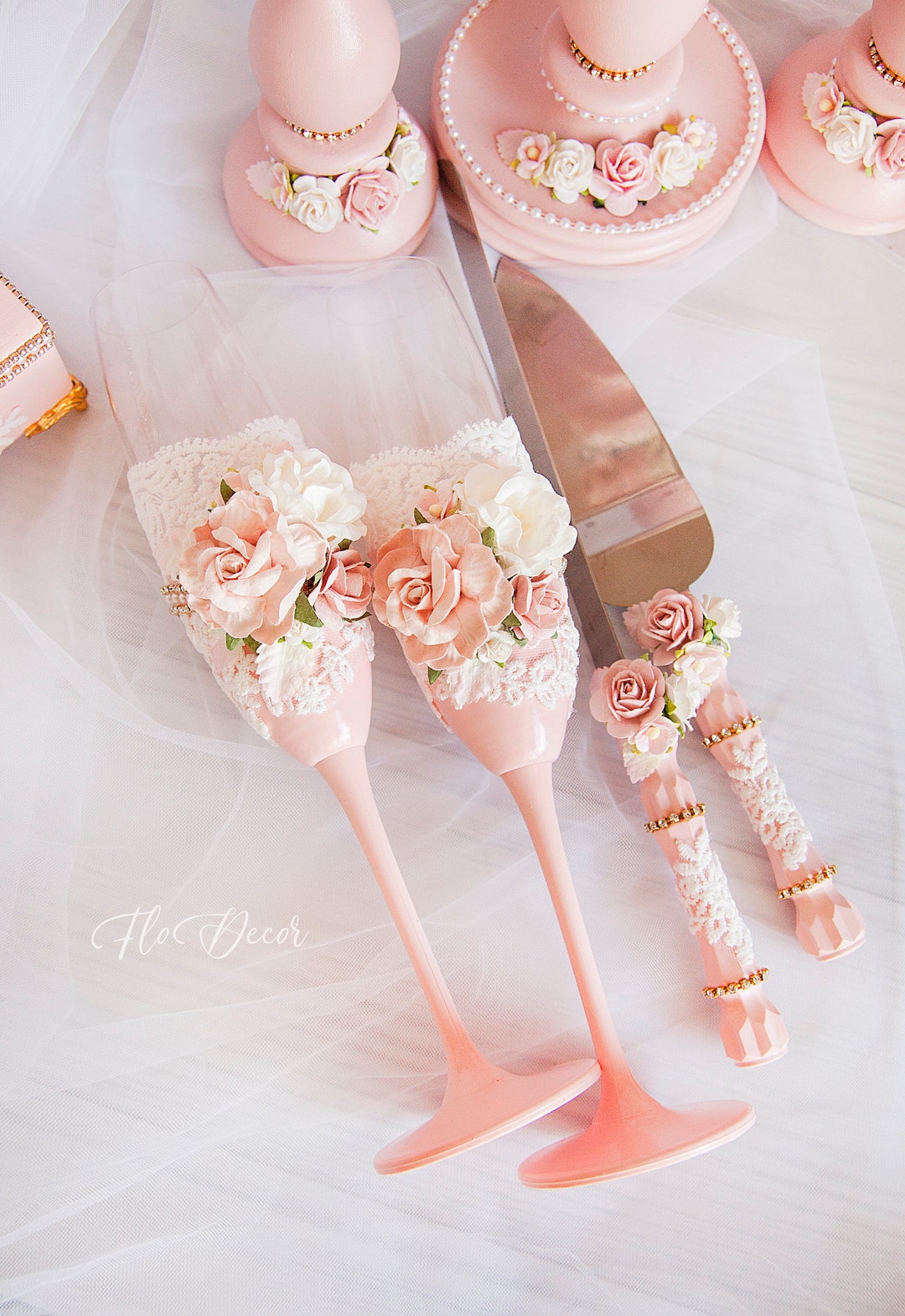 Blush Pink Champagne Glasses and Cake Servers & Knives Set Etsy