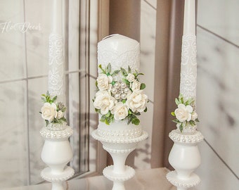 Wedding White Unity Candles set and Holders Lace wedding candles Wedding Decorations Ceremony Candles Unity candles with flowers, 6pcs