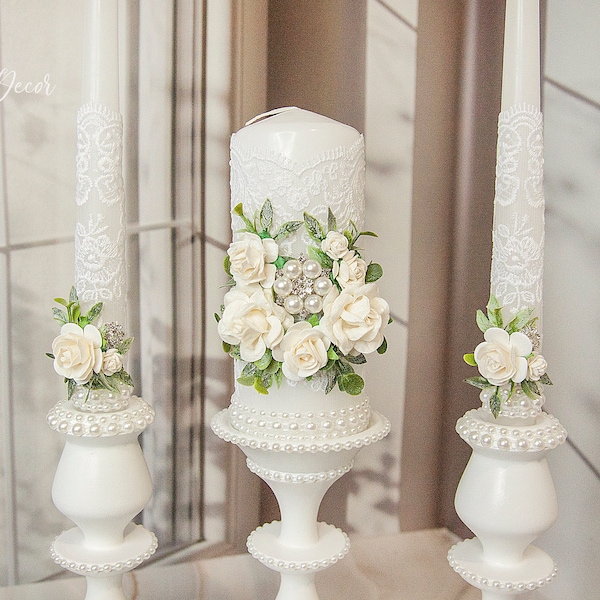 Wedding White Unity Candles set and Holders Lace wedding candles Wedding Decorations Ceremony Candles Unity candles with flowers, 6pcs