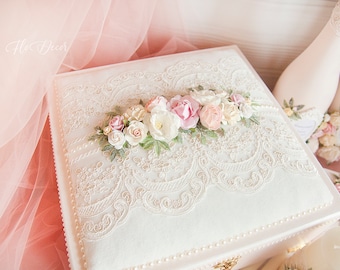 Ivory & Light Pink Wedding Card box, Floral Money Holder, Romantic Velvet Wishing Well Box