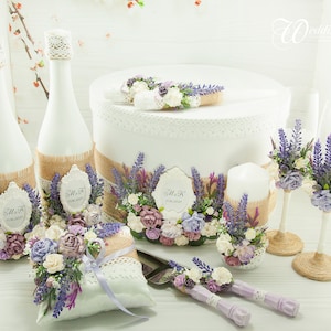 Gepersonaliseerde trouwkaart doos lavendel champagne fluiten en taartschep set violet unity kaarsen paarse trouwring kussen set van 9