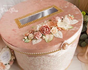 Blush Pink Velvet Card Box, Floral Wishing Well Money Holder, Wedding Keepsake Box