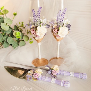 Lavender Champagne Glasses & Cake Server Set: Purple Ristic Wedding Toasting Flutes, Quinceanera Gift