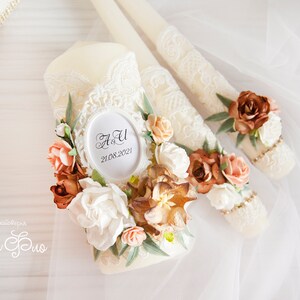 Conjunto de velas de chocolate personalizado conjunto de velas de unidade com flores marfim decoração de casamento conjunto de velas de cerimônia 3 peças de velas quinceanera de pêssego