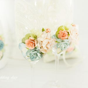 Lace Champagne Flutes & Cake Server Set: Dusty Blue and Peach Wedding Toasting Glasses, Quinceanera