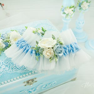 Dusty Blue bridal garter Shabby chic Tulle garter Wedding garter with flowers Sky blue garter Women&#39;s clothing  Elegant Gift for Bride