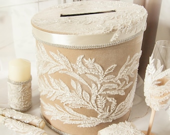 Caja de terciopelo beige para tarjetas de boda, elegante decoración de encaje y lentejuelas, soporte para el pozo de los deseos, regalo para pareja.