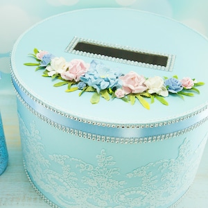Caja de tarjetas azul polvoriento para boda Caja de tarjetas de boda rosa claro con flores Hucha de boda de encaje Regalo de boda para pareja Porta dinero