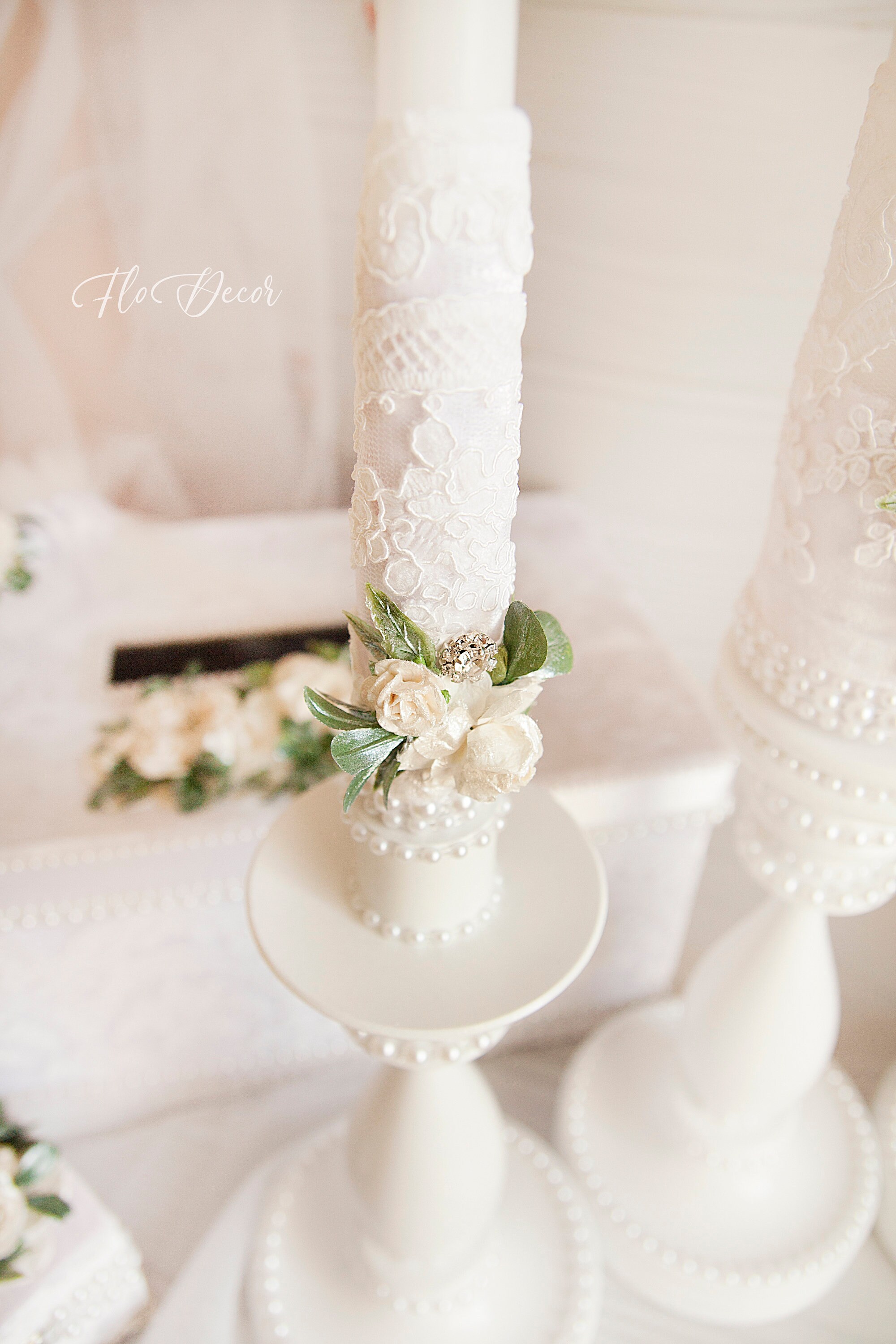 Wedding White Unity Candles Set and Holders Lace Wedding Candles