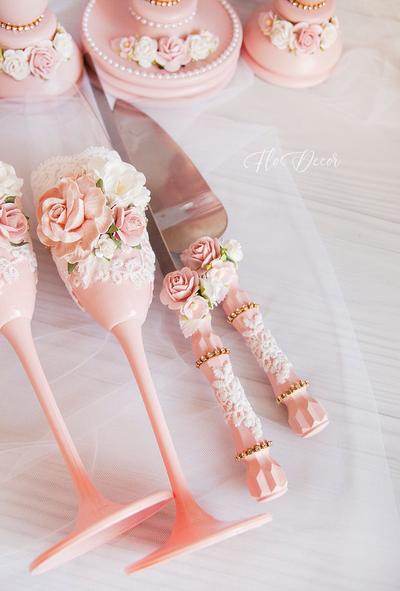 Blush Pink Champagne Glasses and Cake Servers & Knives Set Etsy