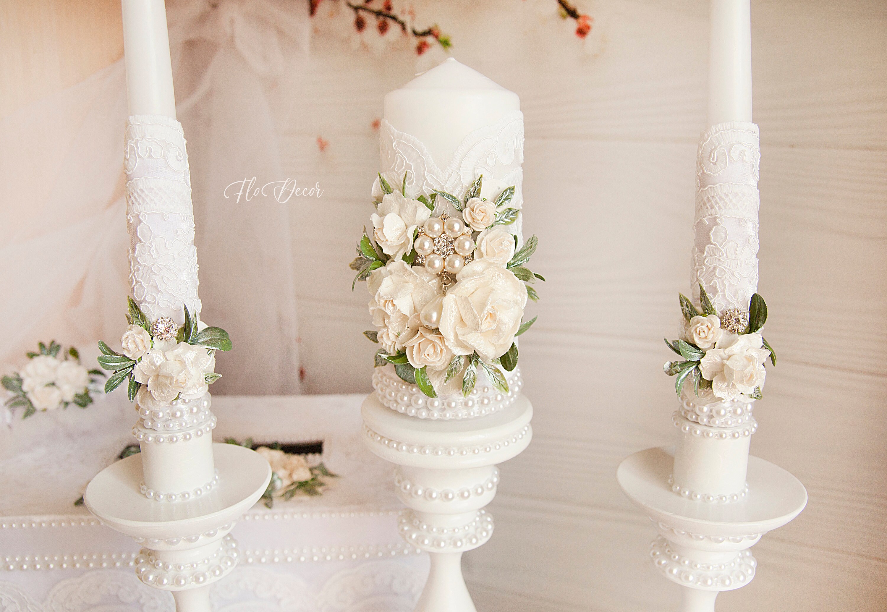 Wedding White Unity Candles Set and Holders Lace Wedding Etsy