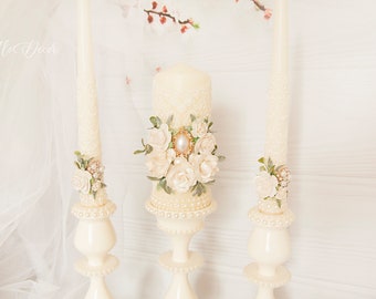 Wedding Ivory Unity Candle Set & Holders, Lace Wedding Ceremony Candles with Flowers, 6pcs