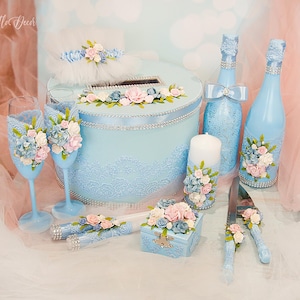 Juego de copas de champán y servidor de tarta para bodas en azul polvoriento, velas Unity, caja para anillos de boda con liga en rosa ruborizado, caja de cartón para bodas, juego de 10 piezas