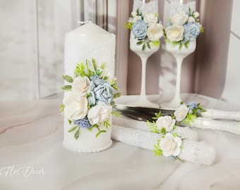 Dusty Blue Wedding Unity Candle Set & Holders: Handmade Floral Lace Candles, Quinceanera Candles Ceremony