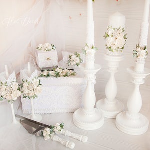 Weiß Hochzeit Champagner Flöten und Tortenheber Set Einheit Kerzen und Halter Strumpfband Hochzeit Ring Box Kartenbox für Hochzeit Geschenk für paar