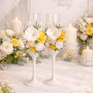 Ivory & Yellow Champagne Flutes, Floral Wedding Toasting Glasses, Set of 2, Gift for Couple