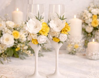 Ivory & Yellow Champagne Flutes, Floral Wedding Toasting Glasses, Set of 2, Gift for Couple
