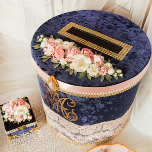 Personalisierte dunkel marine blau Gold und rosa Hochzeitskarte Box elegante Hochzeitsdeko zu wünschen gut Spardose Samt Kartenbox Geldhalter