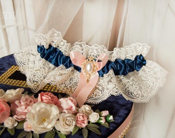 Liga de boda elegante de encaje azul marino y rosa, regalo para despedida de soltera, liga suave.