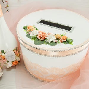 Perzik kaartdoos voor bruiloft Lichtoranje trouwkaartdoos met bloemen Kanten bruiloft spaarpot Huwelijkscadeau voor stel Geldhouder Mis Quince