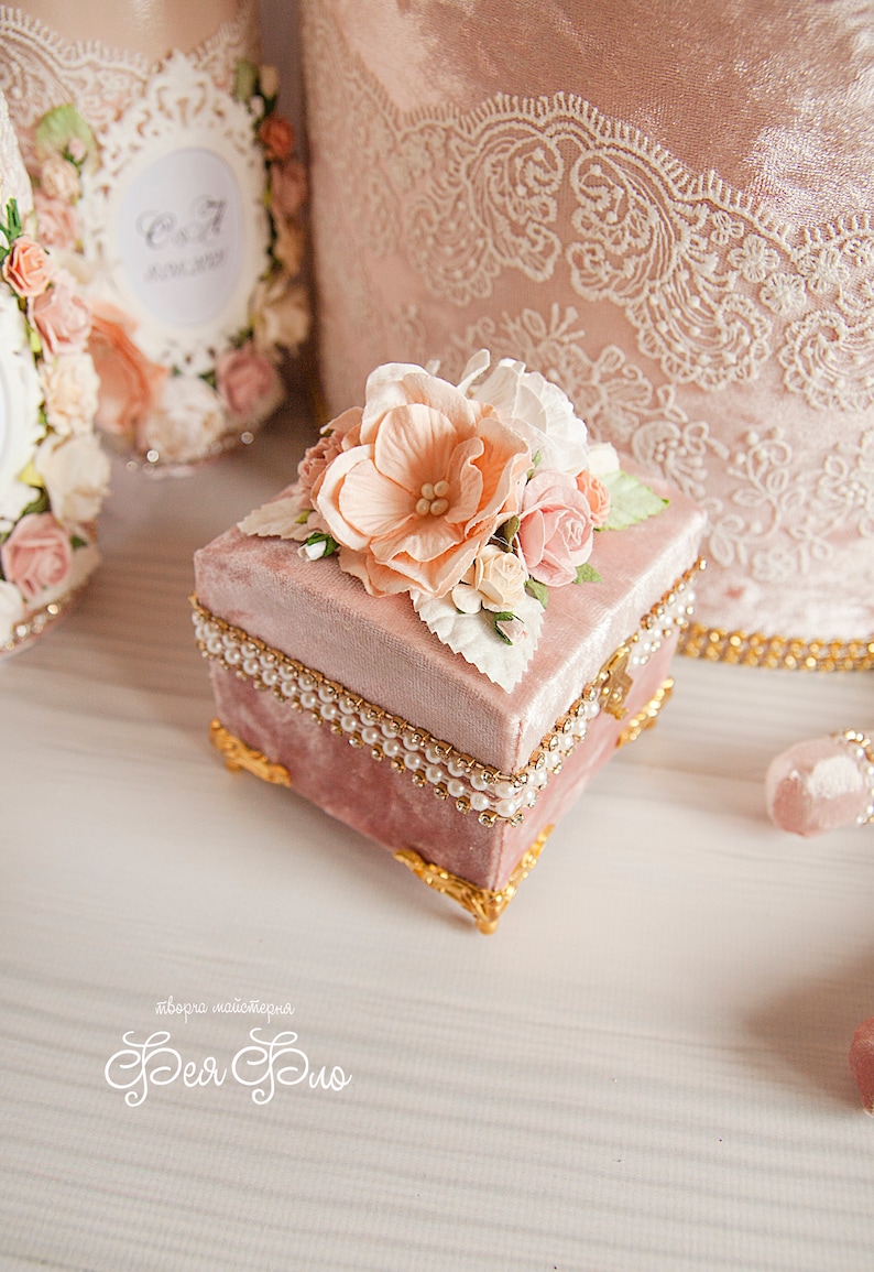 Personalized Wedding Blush Pink Ring Box, Velvet Floral Holder for ...