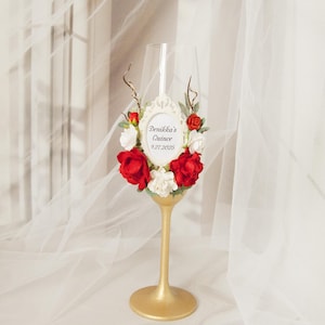 Red Champagne glass Gold Classic toasting flute Red glasses for wedding For bride and groom Gift for couple Red quinceaniera