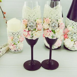 Purple and Pink Champagne Flutes: Hand-Painted Wedding Glasses with Lace and Flowers