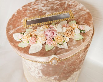 Beige Velvet Wedding Card Box, Floral Pastel Elegant Wishing Well Money Holder, Quinceanera Box