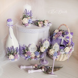 Caja de tarjetas de boda personalizada, copas de champán de lavanda y juego de servidor de pastel, velas de unidad violetas, almohada de anillo morada, canasta para niña de las flores