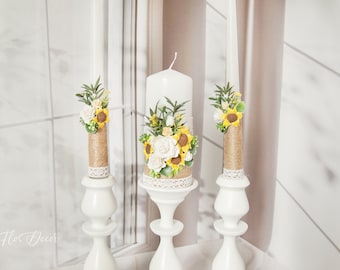 Sunflower Unity candles and Holders Ceremony Candles Provence candles Unity candles with yellow flowers White candles set Rustic chic 6pcs