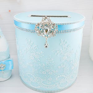 Caja para tarjetas de boda de encaje azul polvoriento con broche, porta dinero para boda, porta tarjetas de recepción, caja de encaje con forma de pozo de los deseos, hucha para boda