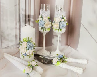 Personalized White & Dusty Blue Wedding Champagne Flutes and Cake Server Set, Unity Candles Set