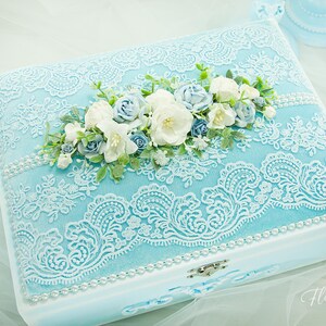 Caixa para cartões de casamento azul-poeira, porta-dinheiro azul-celeste, porta-cartões para quinze anos, poço dos desejos, caixa de dinheiro, caixa de correio romântica, caixa de veludo para casamento