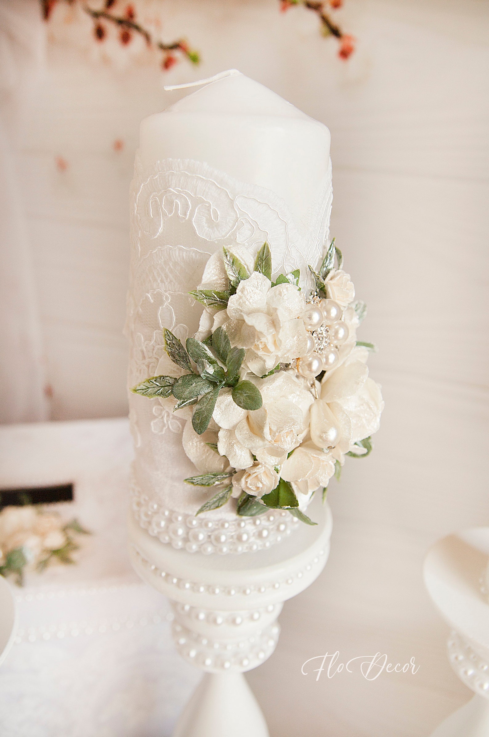 Wedding White Unity Candles Set and Holders Lace Wedding Candles