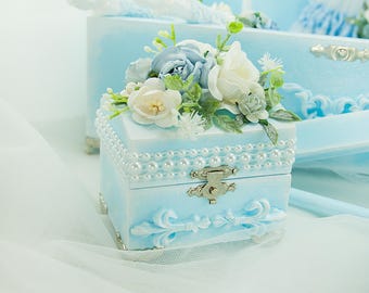 Caja para anillos de boda en azul polvoriento, cojín floral, soporte para anillos para ceremonia, regalo para pareja