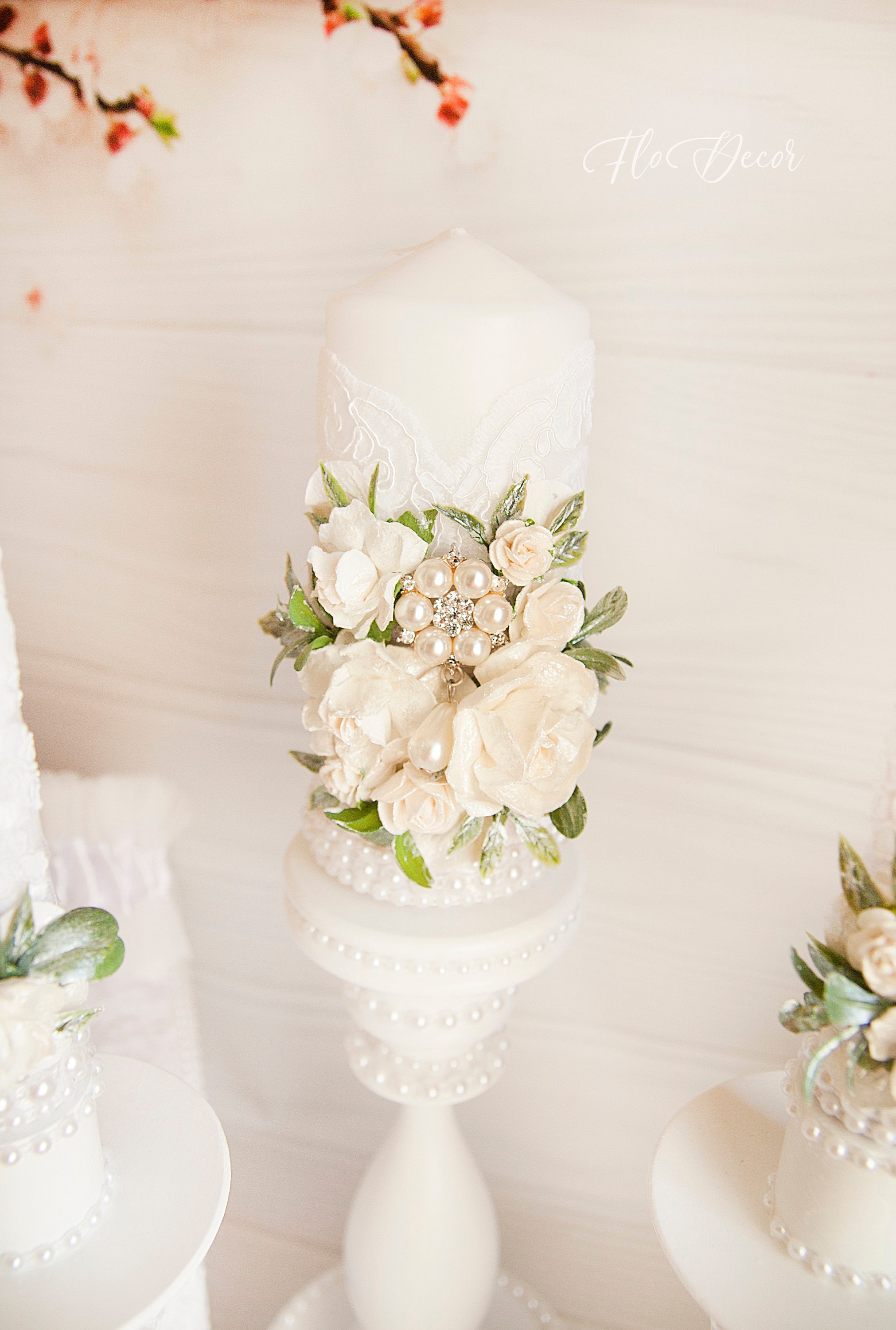 Wedding White Unity Candles Set and Holders Lace Wedding Etsy