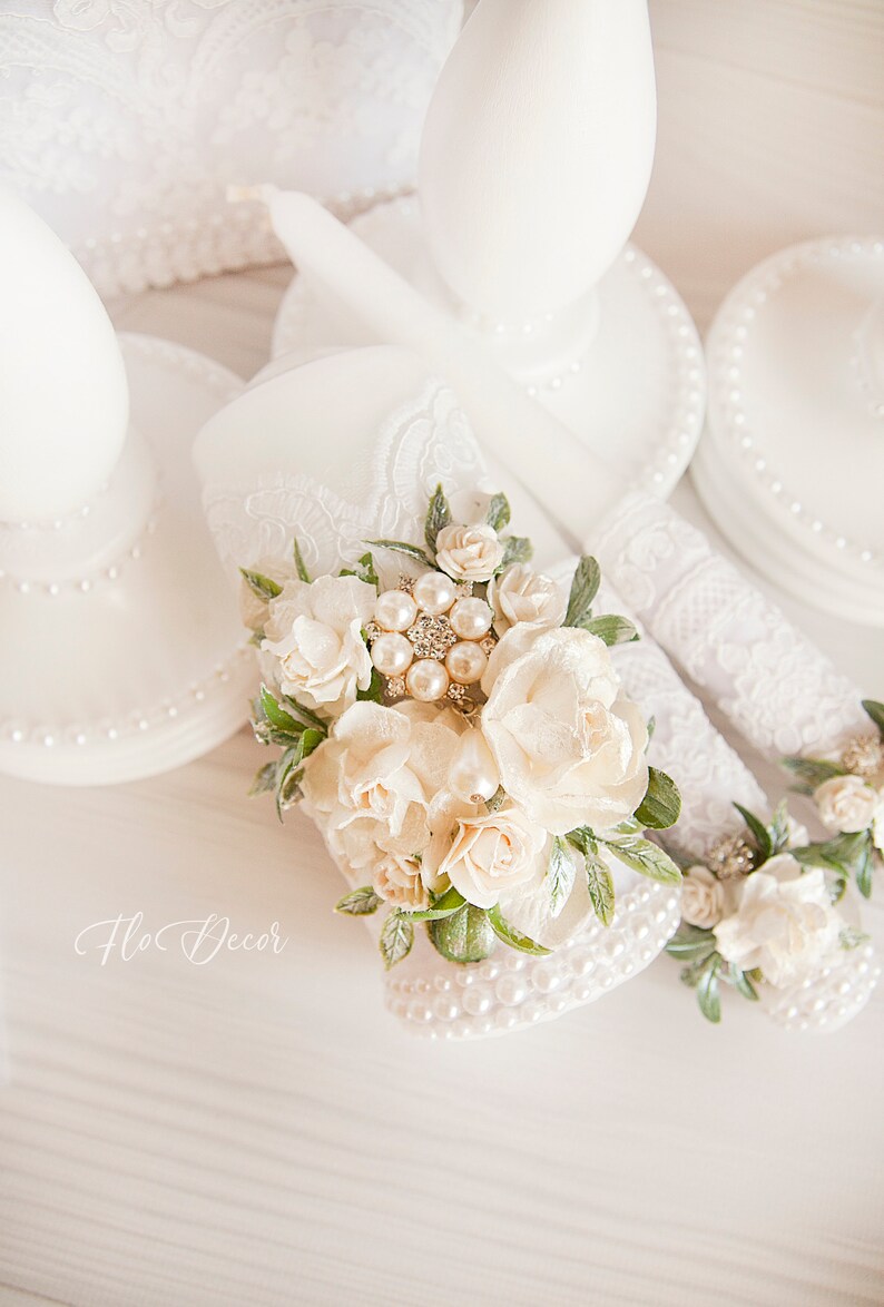 Wedding White Unity Candles Set and Holders Lace Wedding Etsy