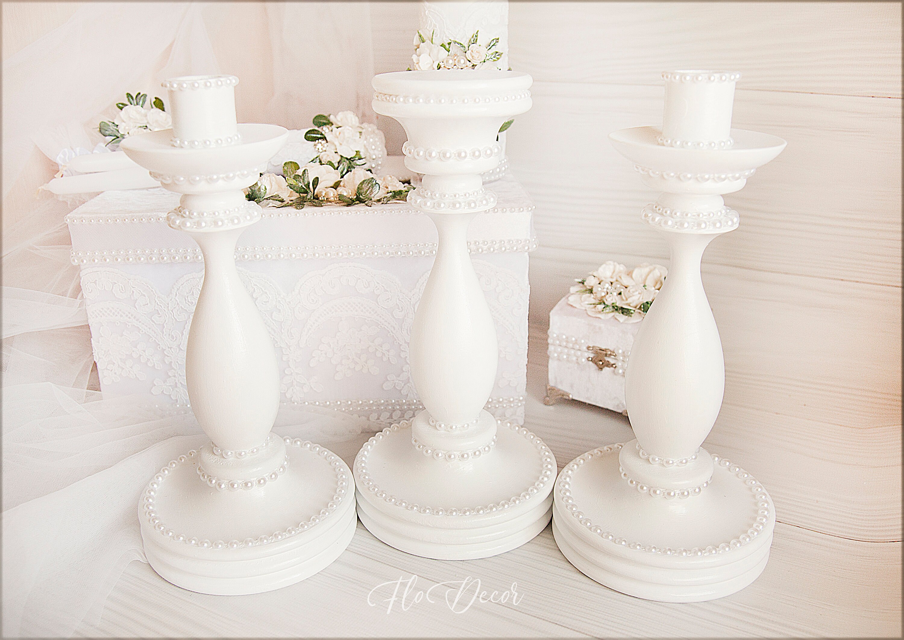 Wedding White Unity Candles Set and Holders Lace Wedding Candles