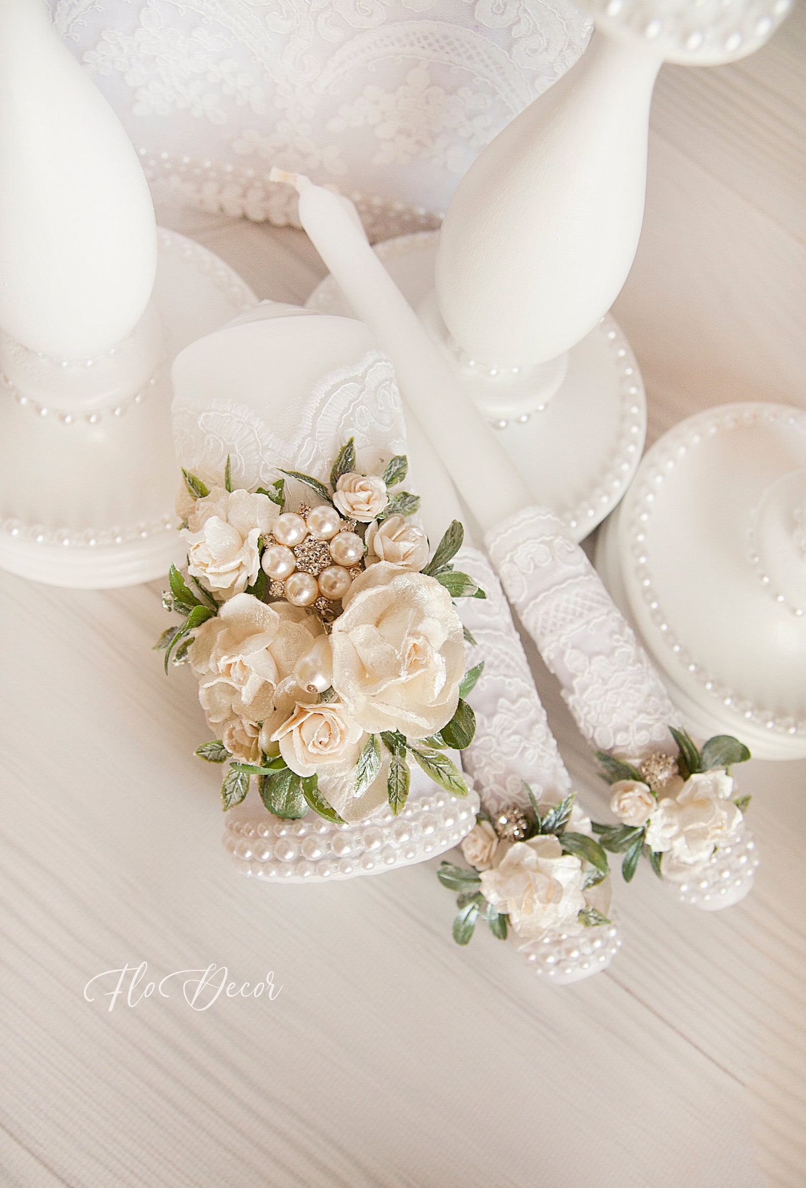 Wedding White Unity Candles Set and Holders Lace Wedding Candles