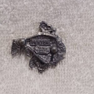 May include: A small, irregularly shaped pewter pin with the word "PEWTER" in a rectangular box. The pin has a textured surface and two small, round protrusions.