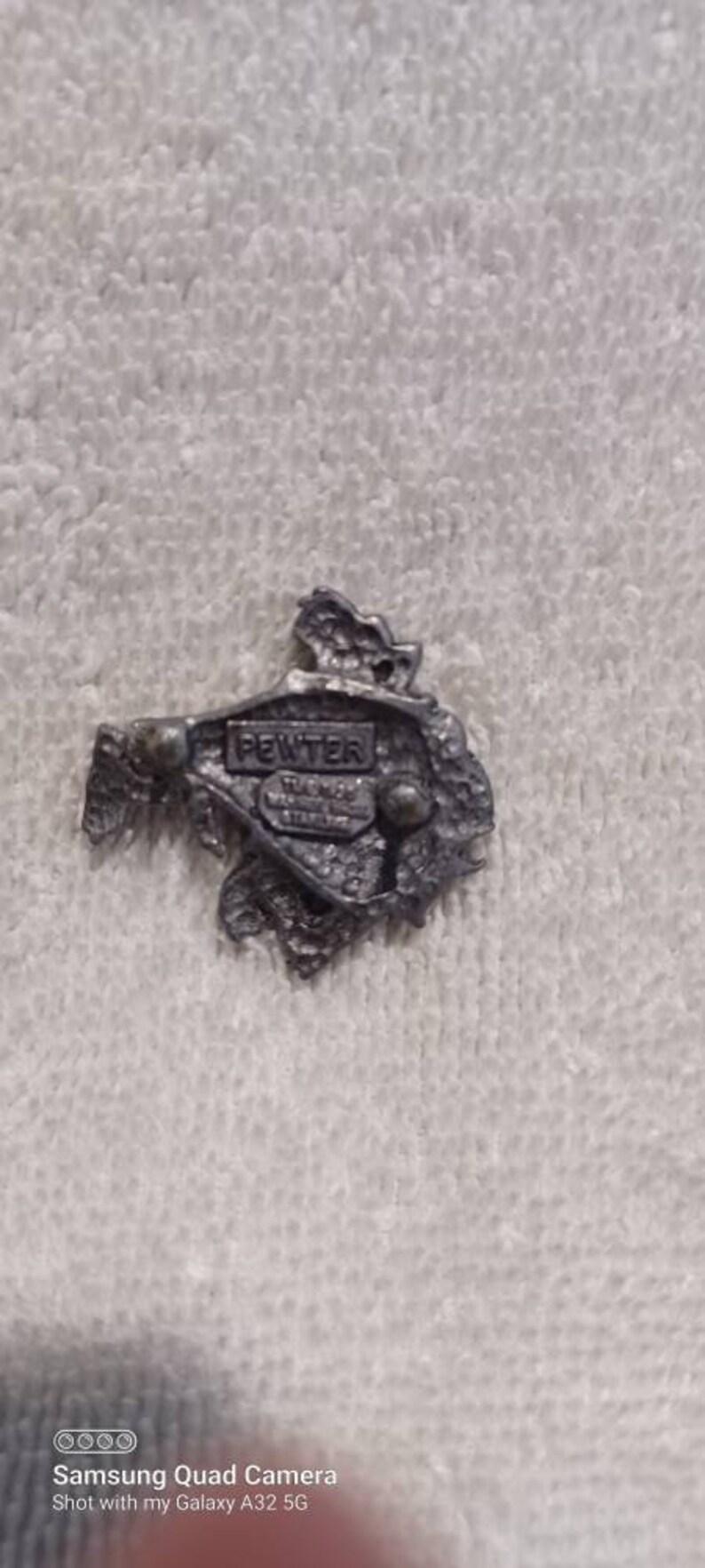 May include: A small, irregularly shaped pewter pin with the word "PEWTER" in a rectangular box. The pin has a textured surface and two small, round protrusions.