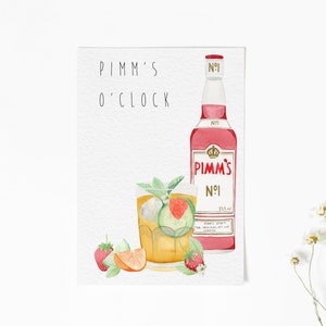 May include: A watercolor illustration of a glass of Pimm's with cucumber, strawberries, and orange slices. The illustration also includes a bottle of Pimm's No. 1 with the text "Pimm's O'Clock" at the top.