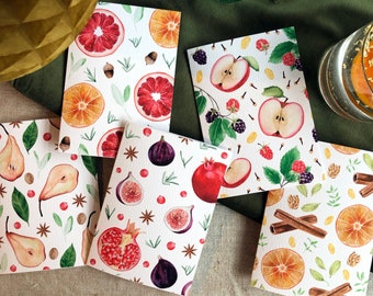 Set de Tarjetas navideñas de lujo / Tarjetas navideñas cítricas con higo y granada / Navidad botánica