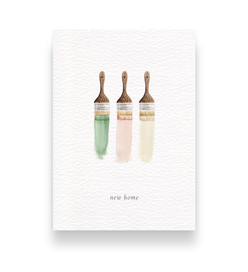 A minimal new home card perfect for interior design lovers, including three paint brushes and paint swatches.