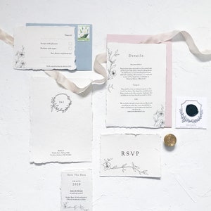 Handmade Paper Wedding Invitations | Minimalist wedding invitations | Botanical wedding invites | Deckled Edge | Cotton Paper