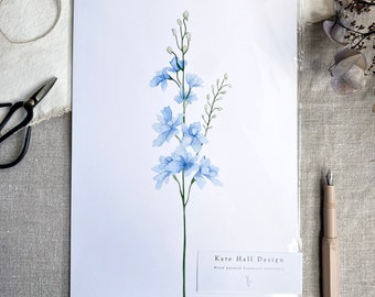 Blue Watercolour Print | Blue Botanical Print | Blue Flower Print | Delphinium