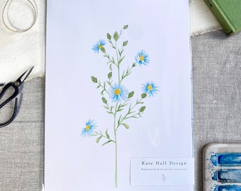Blue Daisy Watercolor Print: Botanical Floral Wall Art